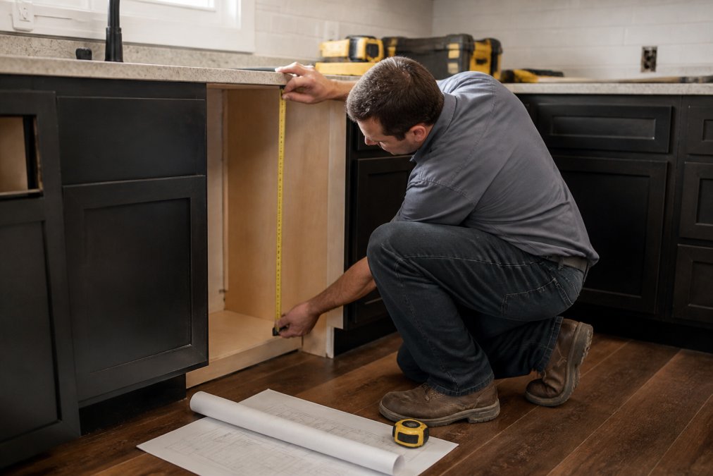 Homeowner measuring kitchen dimensions with tape measure, checking cabinet space and appliance cutout sizes to ensure proper fit before purchasing