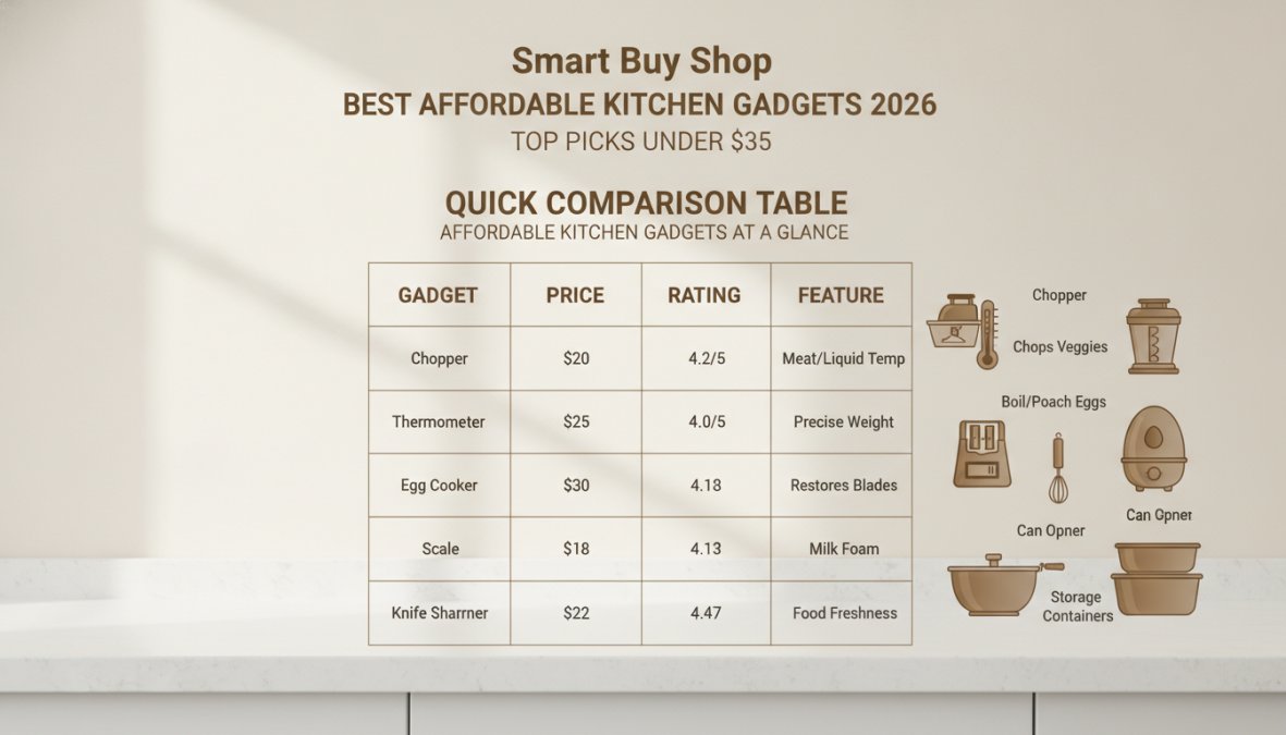 Flat lay arrangement of 8-10 affordable kitchen gadgets including chopper, thermometer, egg cooker, scale, knife sharpener, frother, can opener, salad spinner, and storage containers on clean white countertop with natural window lighting