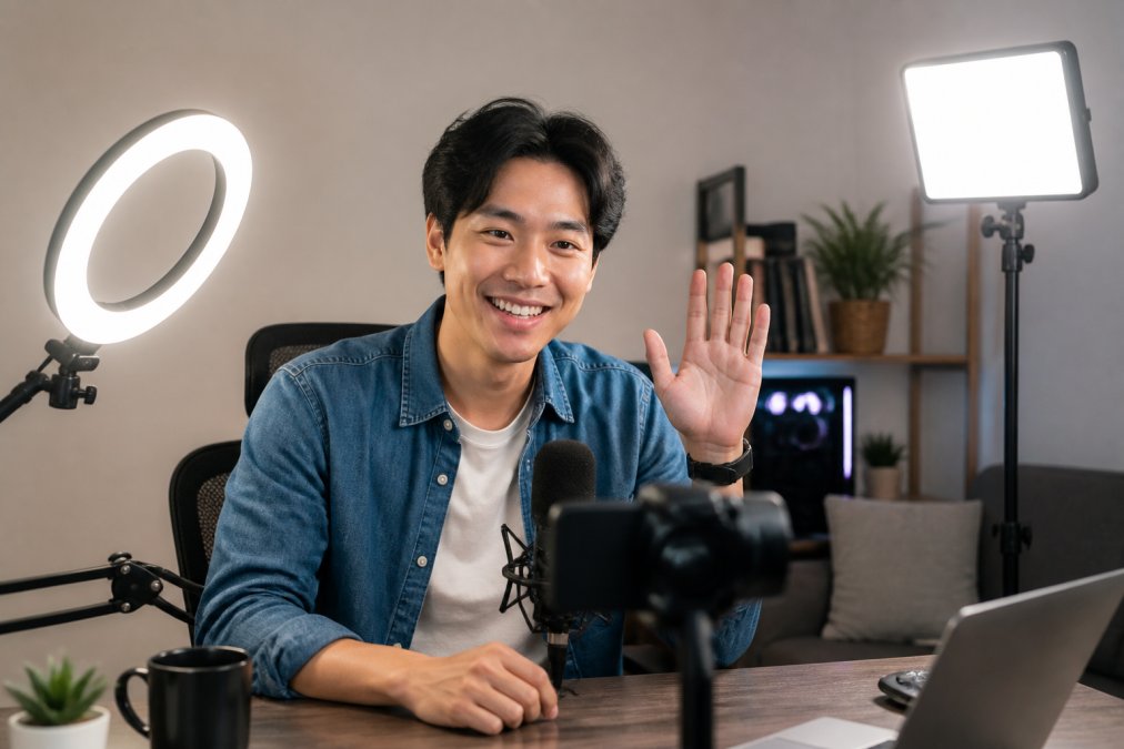 Person seated at streaming desk with ring light mounted on arm to the left of camera and LED panel on tripod stand to the right, both illuminating face and background evenly during video call