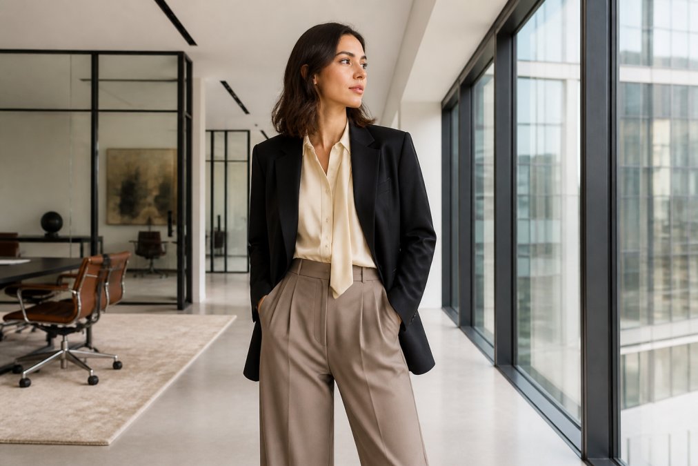 Professional woman in a tailored blazer with unexpected proportions and neutral-toned trousers standing confidently in a modern office setting with natural light from floor-to-ceiling windows, showcasing polished workwear styling