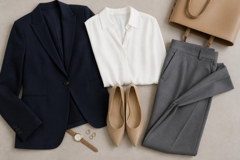 Close-up of coordinated workwear pieces laid flat on neutral background including a structured navy blazer, crisp white blouse, tailored gray trousers, and neutral leather accessories arranged to show layering potential and versatility