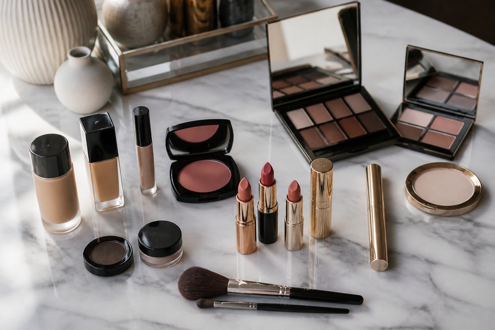 Flat lay of assorted affordable luxury makeup products including foundation bottles, lipsticks, and eyeshadow palettes arranged on a marble vanity with soft natural lighting