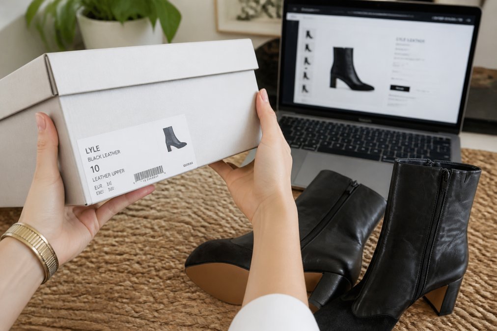 Close-up of hands examining a designer shoe box label and product authenticity details, with a laptop showing a legitimate retailer website in the background