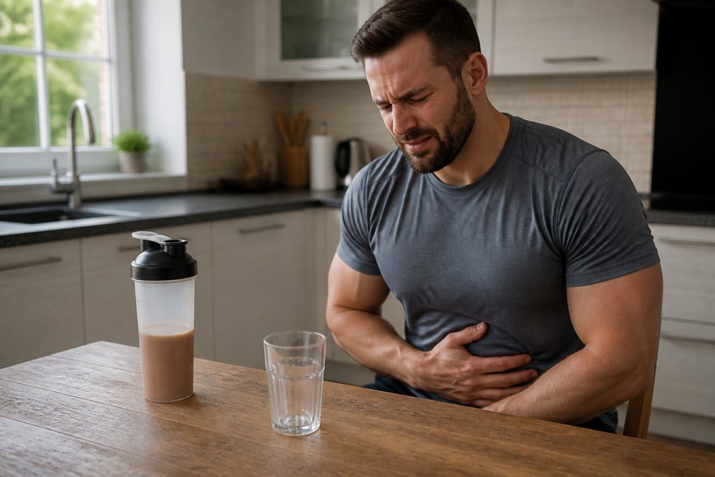 Person holding their stomach in discomfort while sitting at a kitchen table with a protein shake and glass nearby, natural morning light