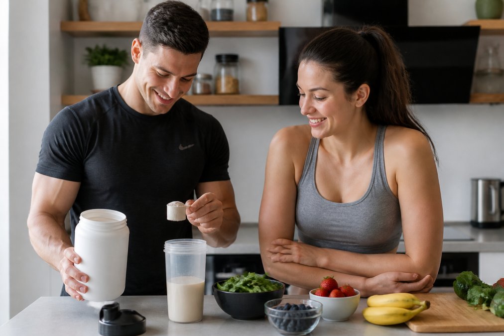 Flat-lay arrangement of multiple protein powder containers with a mixed shake in a glass, fresh ingredients, and measuring scoop on a clean white surface with natural light