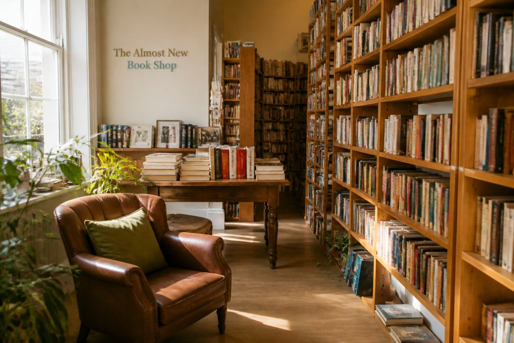 Cozy independent bookshop interior filled with affordable second hand books and warm natural light.