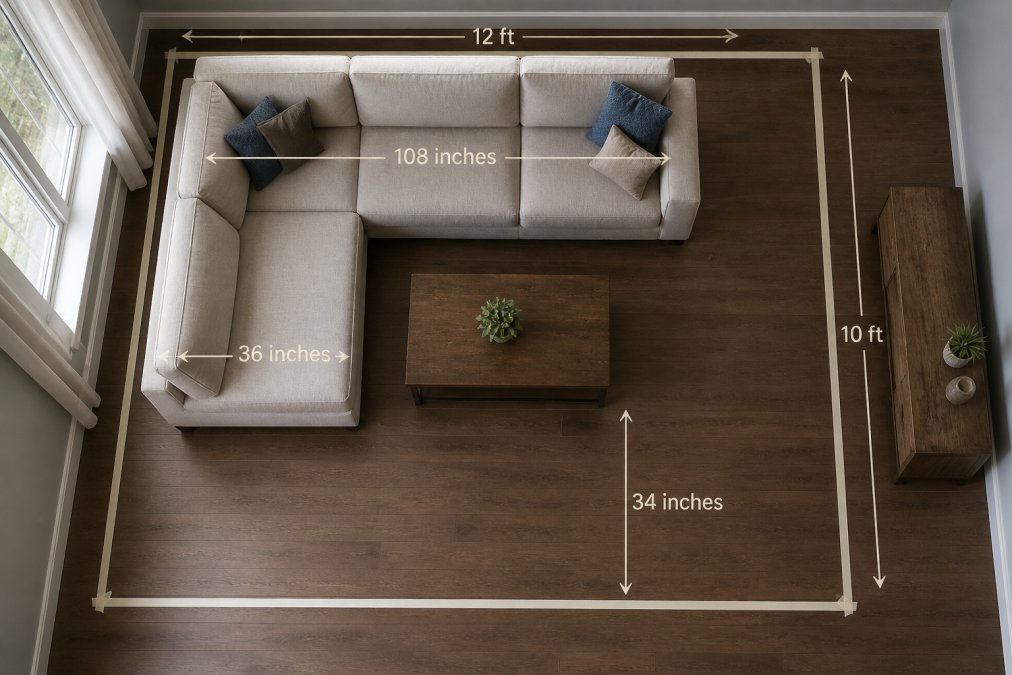 Overhead floor plan diagram of a 12 ft by 10 ft living room showing a 108-inch L-shaped sectional against the long wall, a 36-inch coffee table, a 34-inch walkway to the facing wall, and a taped outline on the floor for scale