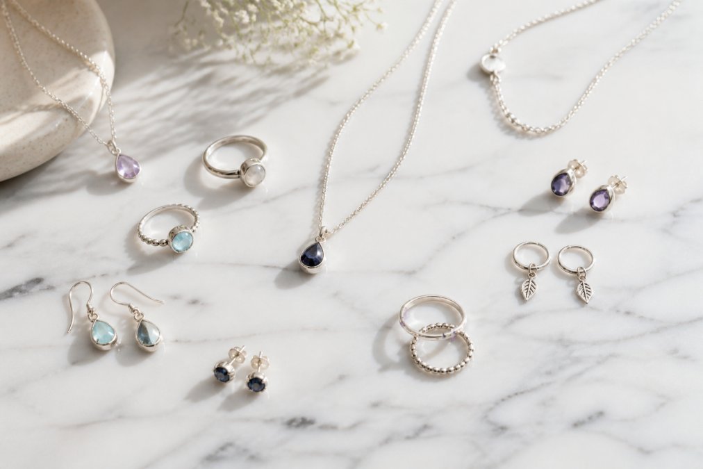 Flat lay of multiple sterling silver jewellery pieces including rings, earrings, and necklaces with gemstone accents arranged on a white marble surface with soft natural window lighting