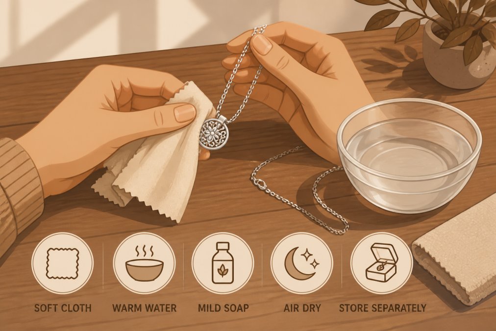 Close-up of hands gently polishing a sterling silver necklace with a soft cloth on a wooden table, with a small bowl of warm water and natural light falling across the surface