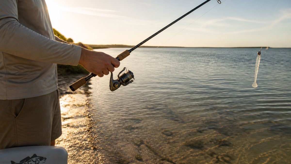 Diagram illustrating the ideal rod grip and angle for fishing with affordable soft plastics in shallow water