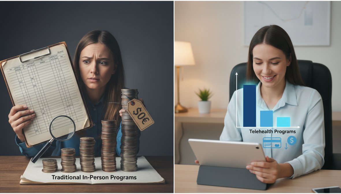 Bar graph comparing the cost of traditional in-person weight loss programs vs. affordable telehealth weight loss programs, showing significant cost savings for telehealth options.