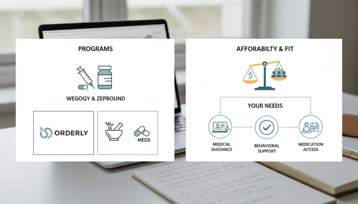 A table comparing the pricing and key features of OrderlyMeds with branded GLP-1 medications like Wegovy and Zepbound.