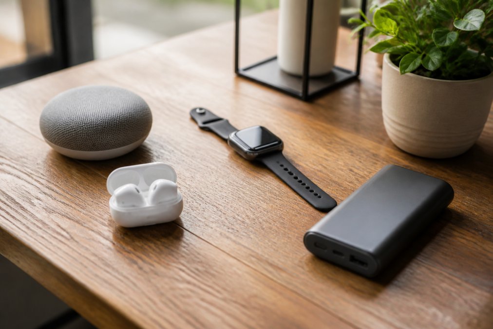 Infographic layout comparing features of affordable trending gadgets including wireless earbuds and smartwatches