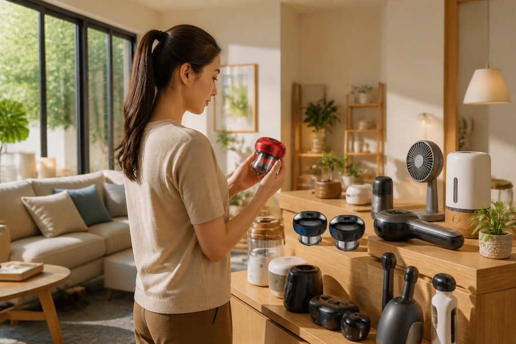 A modern home interior with a person browsing through various affordable smart gadgets displayed on shelves and side tables, morning sunlight streaming through windows, warm and inviting setting