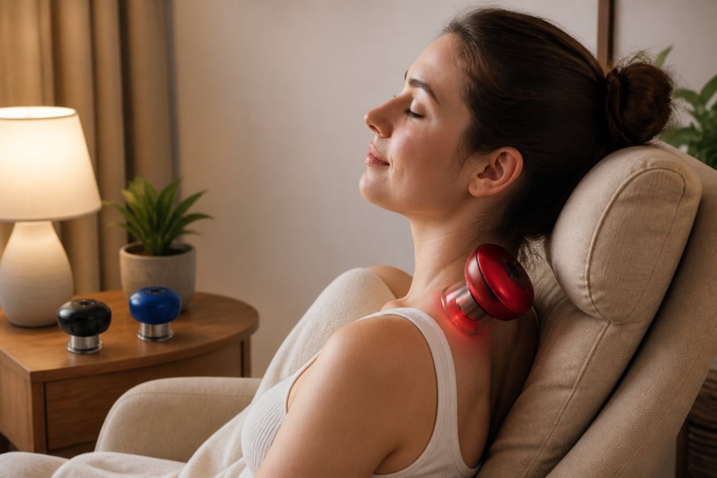 A person relaxing at home using a portable wellness gadget, sitting in a comfortable chair with soft lighting, peaceful expression, modern apartment setting