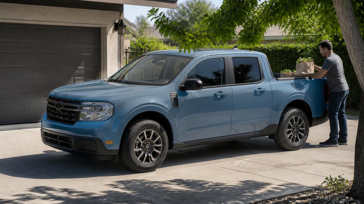 A 2026 Ford Maverick compact pickup parked in a suburban driveway, a person loading grocery bags into the bed, bright midday sunlight