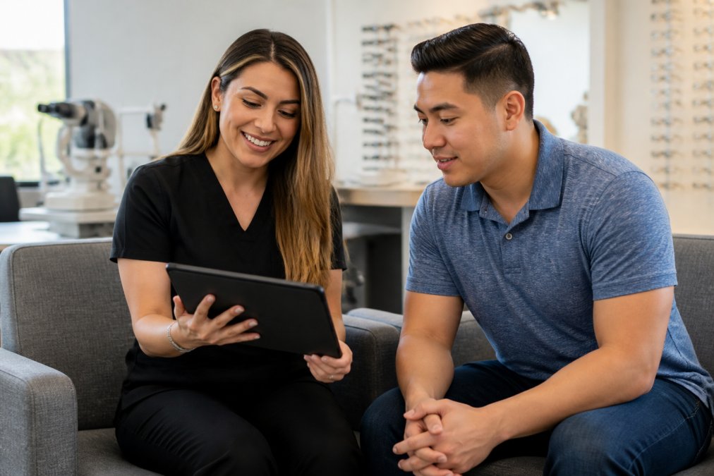 A financial coordinator in a bright, modern eye clinic reviewing a tablet with a patient, showing payment plan options on the screen while seated in a comfortable consultation area