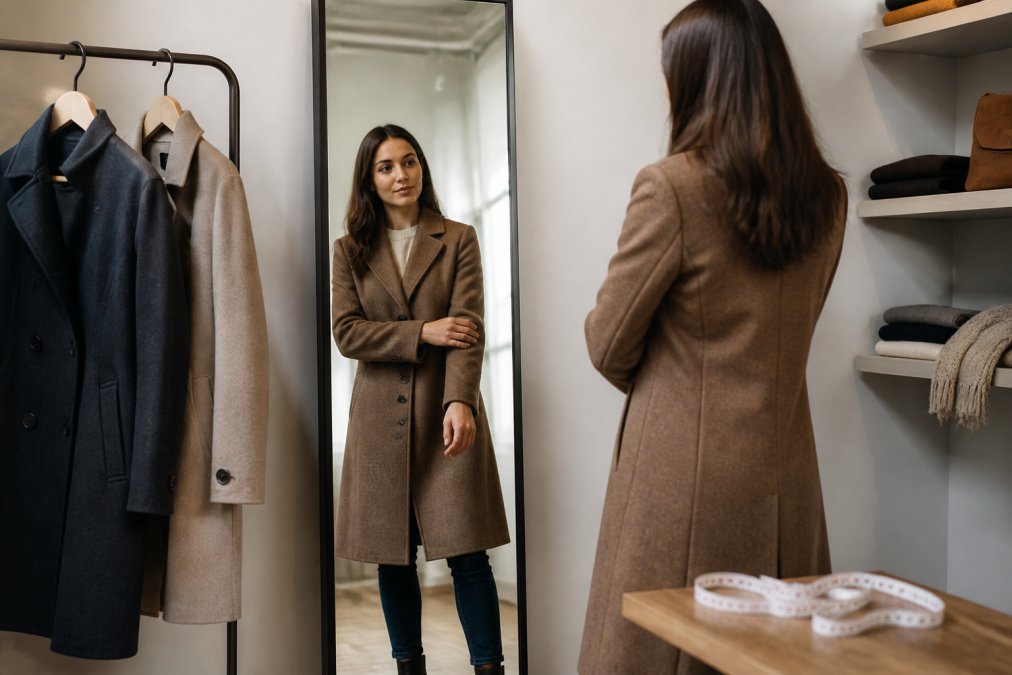 Woman checking the fit of an affordable winter coat in a mirror with a tape measure and clothing rack nearby