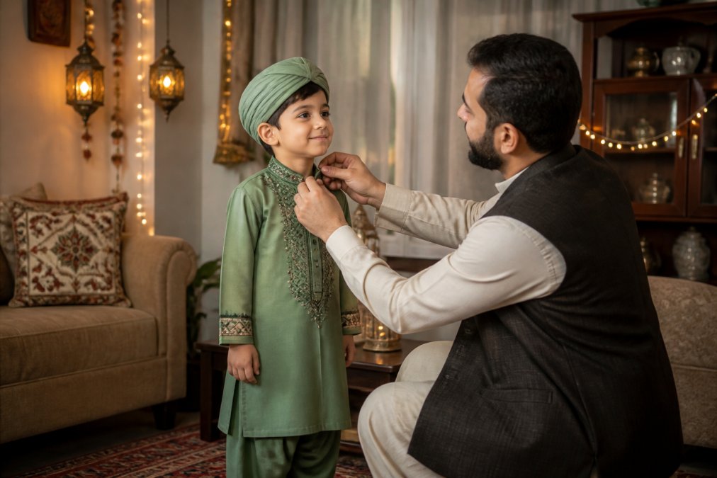 Young boy wearing a sage green embroidered Afghan Parahan Tunban set in a festive living room for Eid