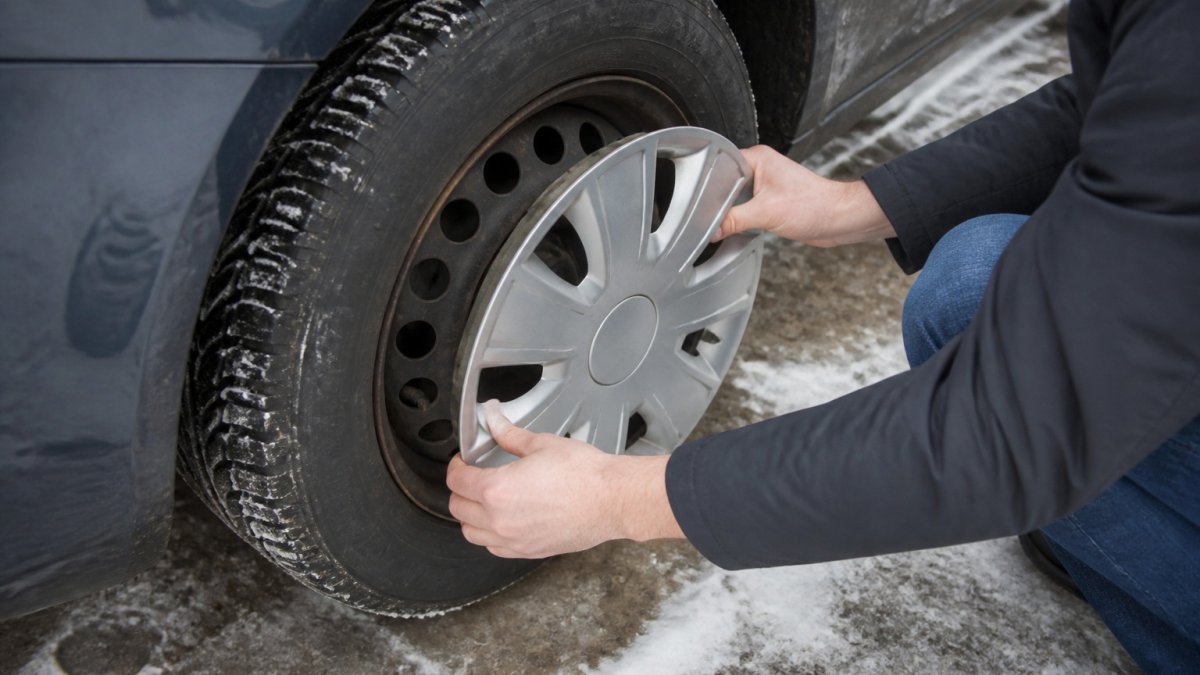 A driver installing a protective wheel cover on a steel rim while winter driving in snowy conditions.