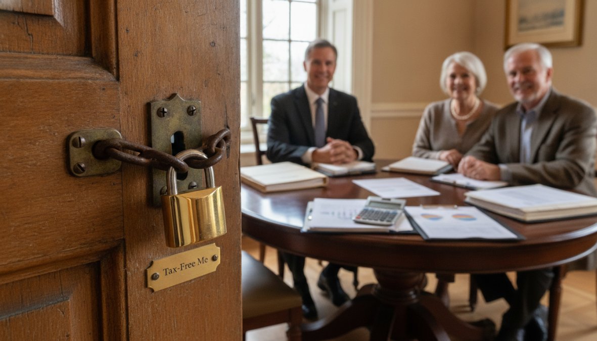 A financial advisor and retired couple sitting together reviewing retirement planning documents with benefit comparison charts and a calculator on the table