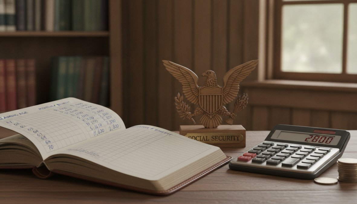 Middle-aged professional reviewing Social Security statements and retirement documents at a desk with a calculator and notebook, natural office lighting