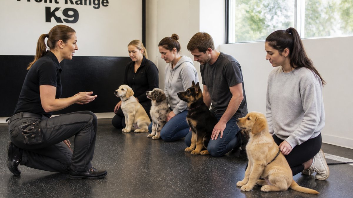 Professional demonstrating what is the best age to start dog training technique in modern clinical setting with natural lighting