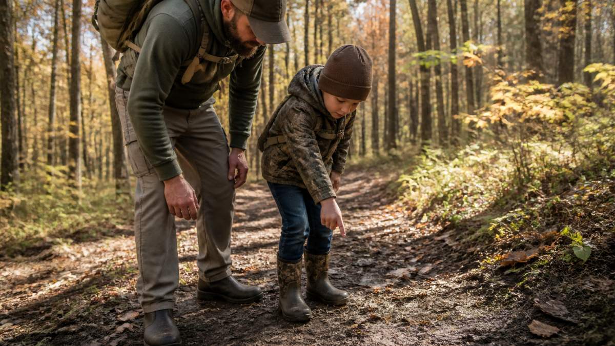 Parent and child examining animal tracks on a wooded trail during an autumn hike together