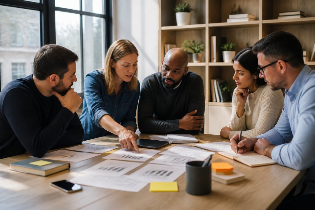 A team of professionals in a modern UK office collaborating around a table with laptops and printed playbook documents, engaged in a strategy discussion with natural window lighting