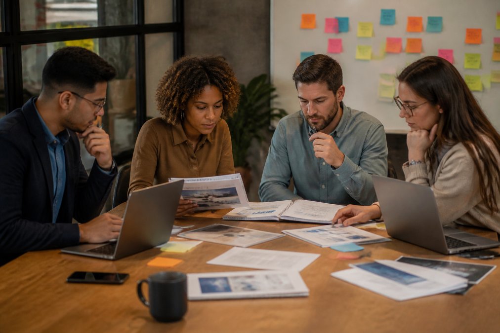 A team of professionals sitting around a conference table reviewing printed guides and open laptops, with a whiteboard covered in coloured sticky notes visible in the background, warm office lighting