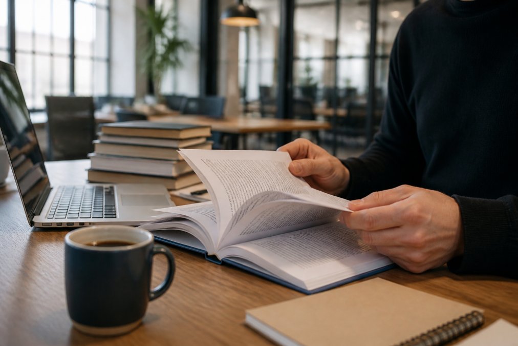Close-up of hands flipping through a printed agile playbook on a desk beside an open laptop and a cup of coffee, warm natural light from a nearby window in a modern open-plan office