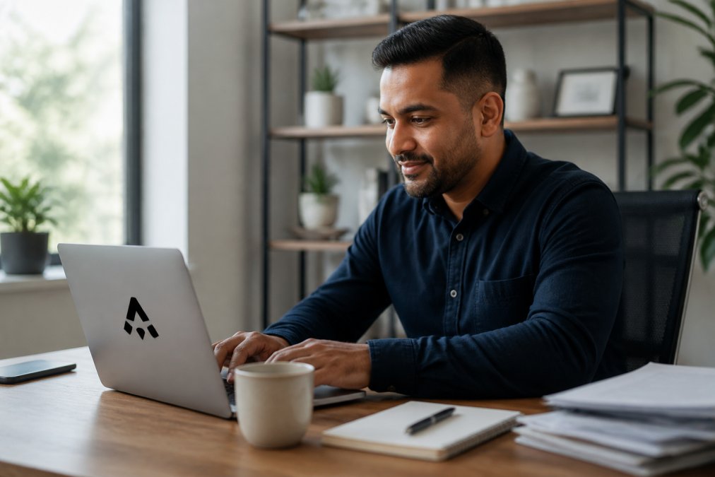 Small business owner reviewing customer inquiries and AI-generated leads on a laptop, with a coffee cup and notebook on the desk, in a bright home office with natural lighting