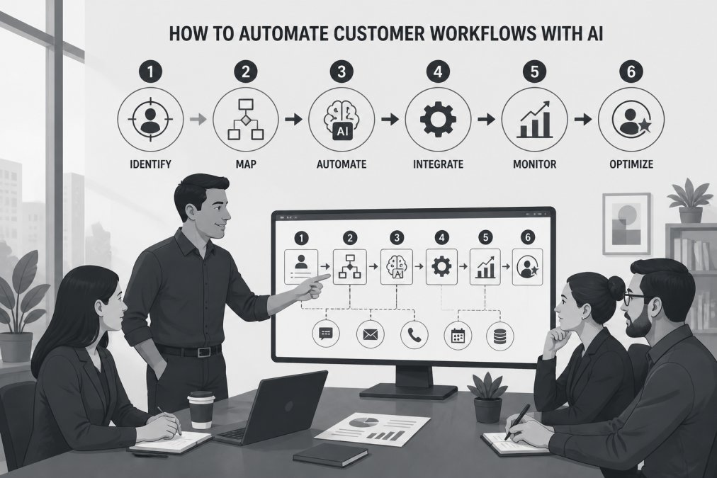 Team of customer service representatives collaborating in a modern office, with one person pointing at a monitor showing automated workflow processes, natural daylight from windows