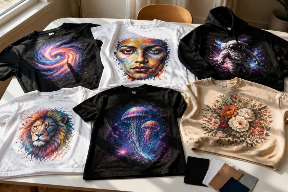 A flat-lay photo of several printed t-shirts and apparel samples featuring bold, colorful AI-generated graphics spread across a clean white table, with natural window light showing fabric texture and print quality