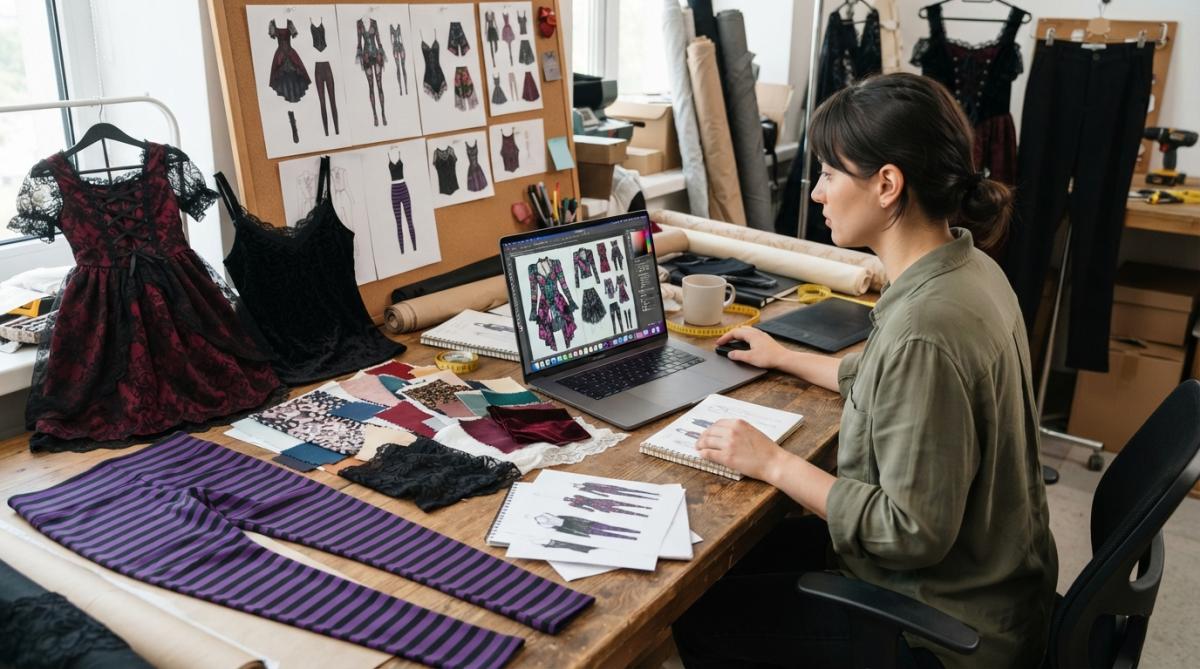 Designer at desk using laptop to create AI-generated apparel designs, with fabric swatches, design mockups, and finished merchandise samples visible on the workspace