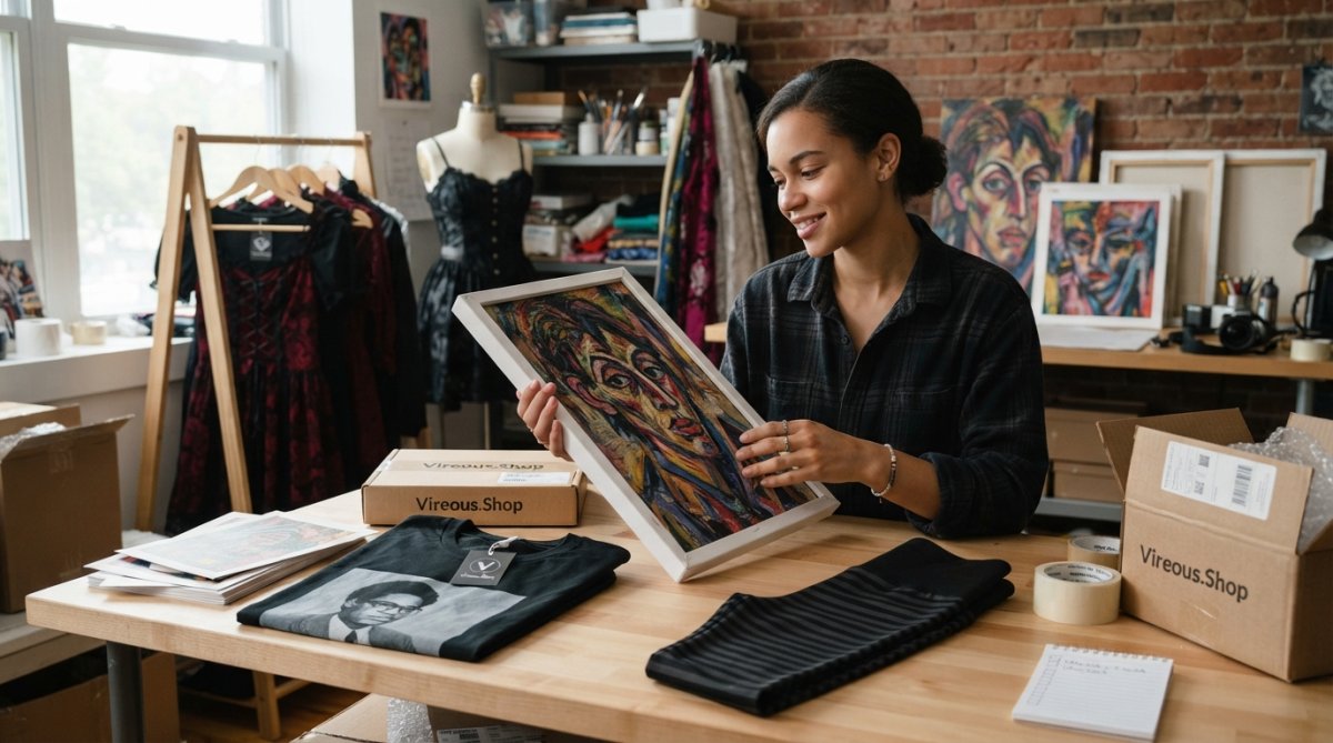 Content creator reviewing finished AI-generated wall art prints and custom apparel products ready for shipment, with branded packaging and product displays