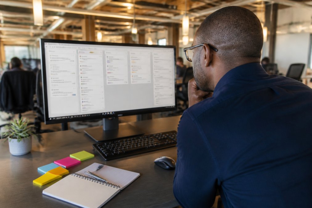 A project manager reviewing a digital task board on a large widescreen monitor in a modern open-plan office, sticky notes and a spiral notebook arranged on the desk beside them, warm overhead lighting