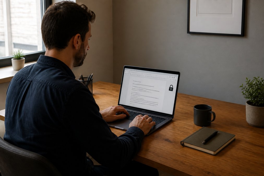 A professional working alone at a minimal desk in a quiet private office, laptop screen showing a document editor with a padlock icon visible, soft natural light from a window to the side