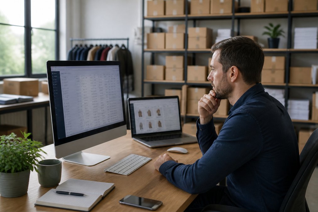 Ecommerce store owner reviewing order analytics and customer data on a desktop monitor in a modern office space, with product inventory shelves visible in the background