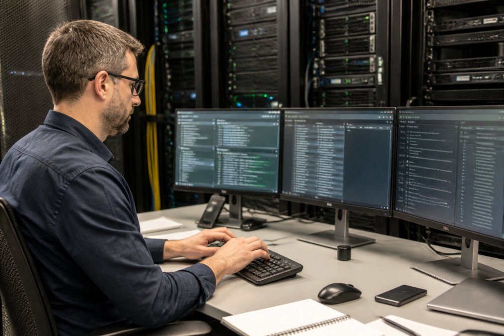 Technical professional monitoring multiple systems and integrations on a dashboard, hands on keyboard in a data center or tech workspace with multiple monitors displaying system metrics and logs