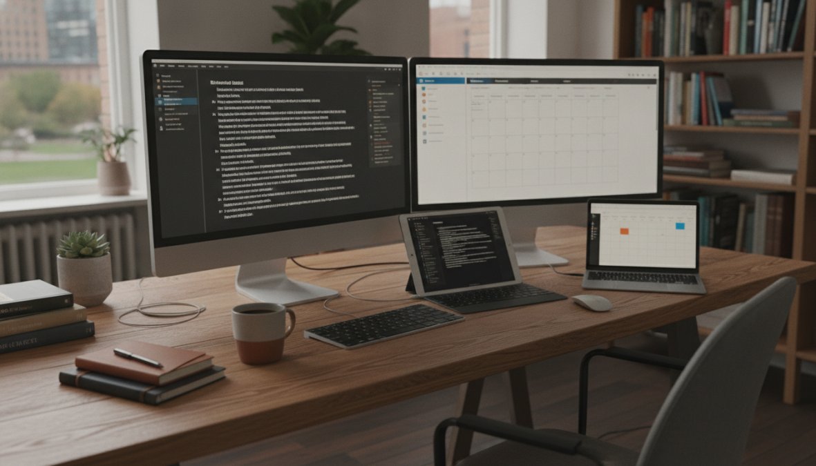 Content creator at a standing desk reviewing two monitors showing analytics dashboards and a content calendar, with a notebook and coffee cup nearby, warm office lighting in the background