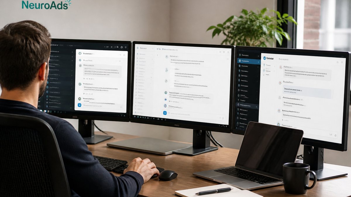 Professional working at desk with multiple monitors displaying different AI chat interfaces and conversation windows side by side, natural office lighting