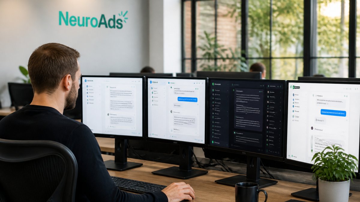 Professional working at desk with multiple monitors displaying different AI chatbot interfaces side by side in modern office setting with natural lighting