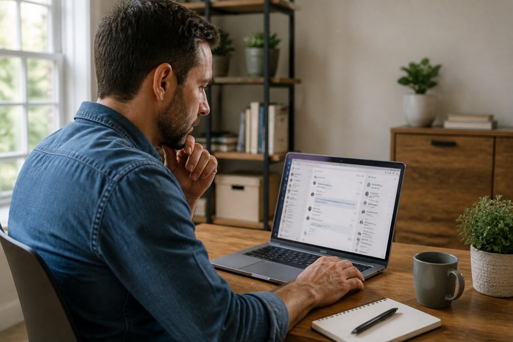 Business owner reviewing customer conversations on a laptop screen while monitoring real-time chat interactions with multiple customer messages visible
