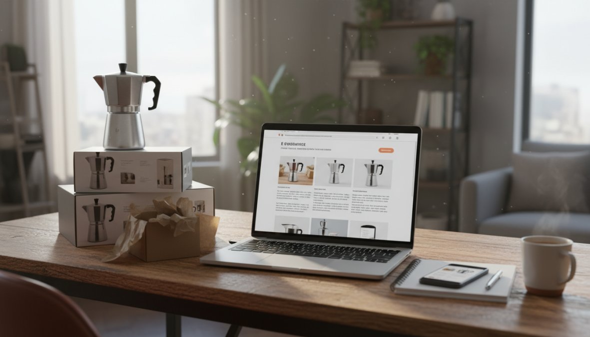 E-commerce entrepreneur sitting at a clean home office desk with a laptop open to a product listing page, a notepad with handwritten notes nearby, warm natural light coming through a window