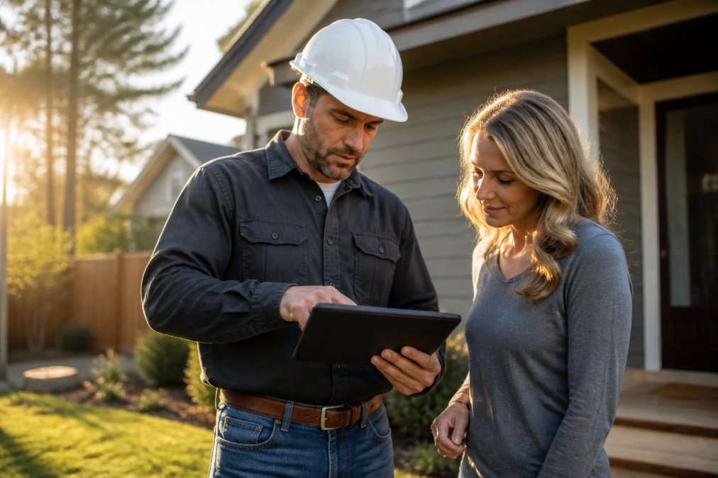 Roofing contractor showing a digital estimate on a tablet to a homeowner, powered by the best ai crm for roofing contractors