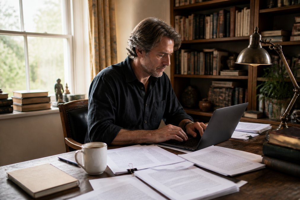 Professional author sitting at wooden desk with laptop open, multiple printed manuscript pages spread out for review, coffee cup and notebook visible, natural window lighting, focused expression while editing text on screen