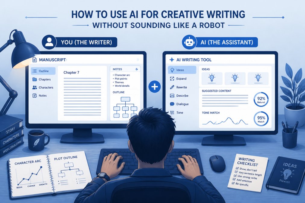 Writer at desk with two monitors showing manuscript drafting software and AI writing tool side by side, notes and outlines visible on desk surface, laptop keyboard and mouse, warm desk lamp lighting, hands positioned over keyboard in typing position