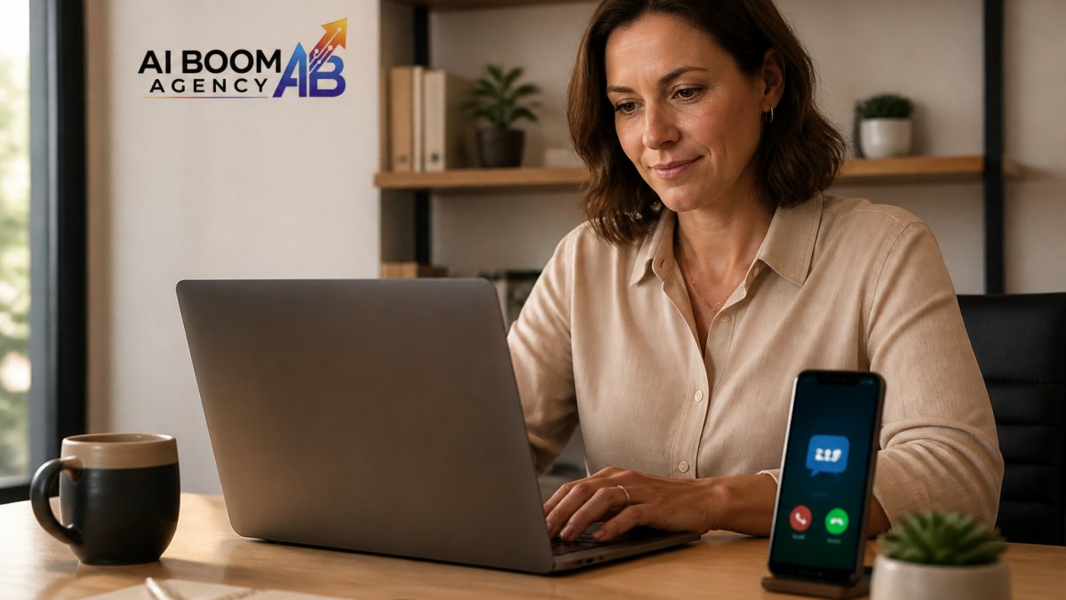 Small business owner reviewing a dashboard on a laptop with the best AI for small business tools in a warm office