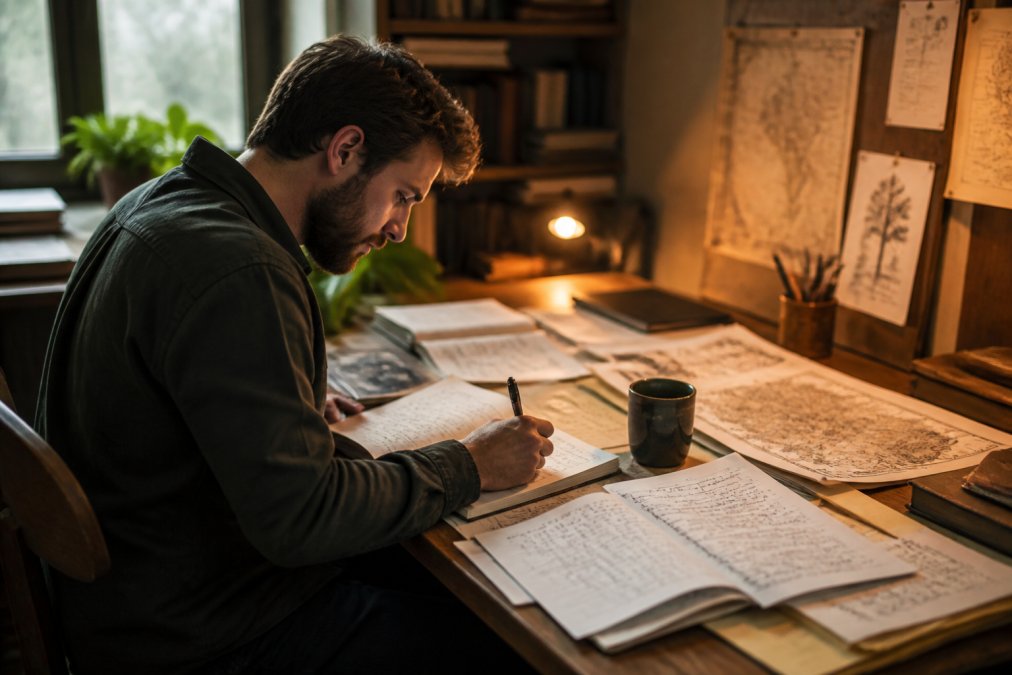 Author working at desk with fantasy manuscript pages, worldbuilding notes, and laptop displaying AI writing software interface in warm office lighting